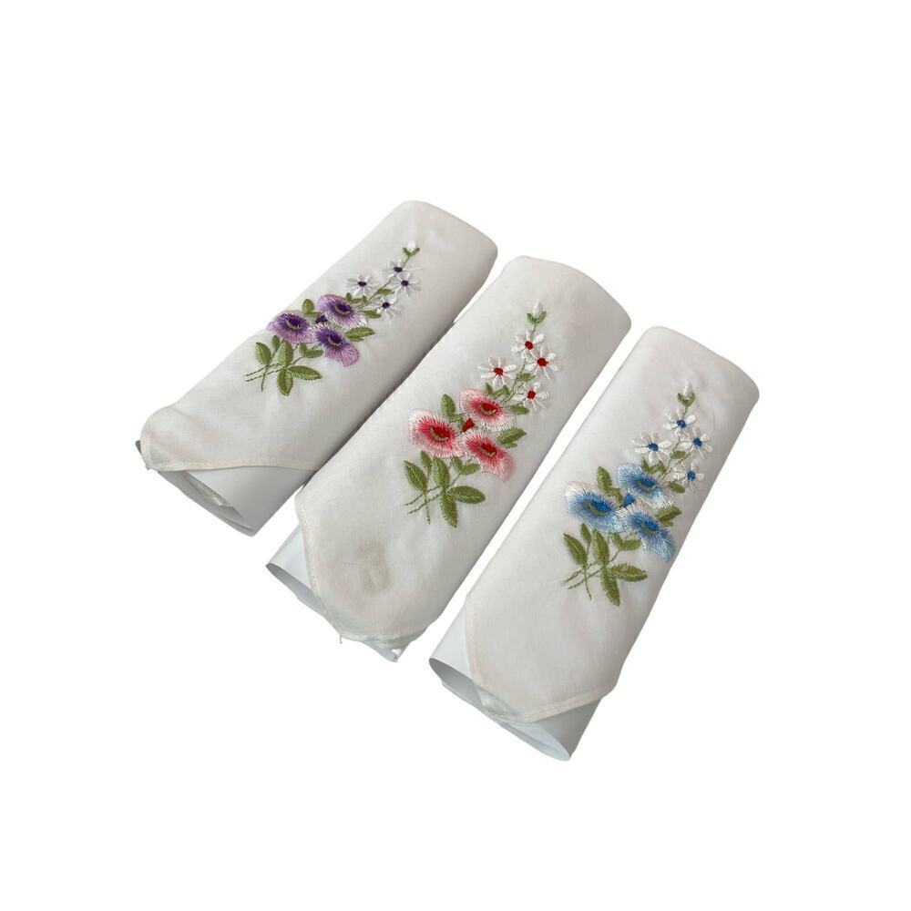 3 Vintage Ladies Handkerchiefs, Flower Embroidered Hankies, White Cotton